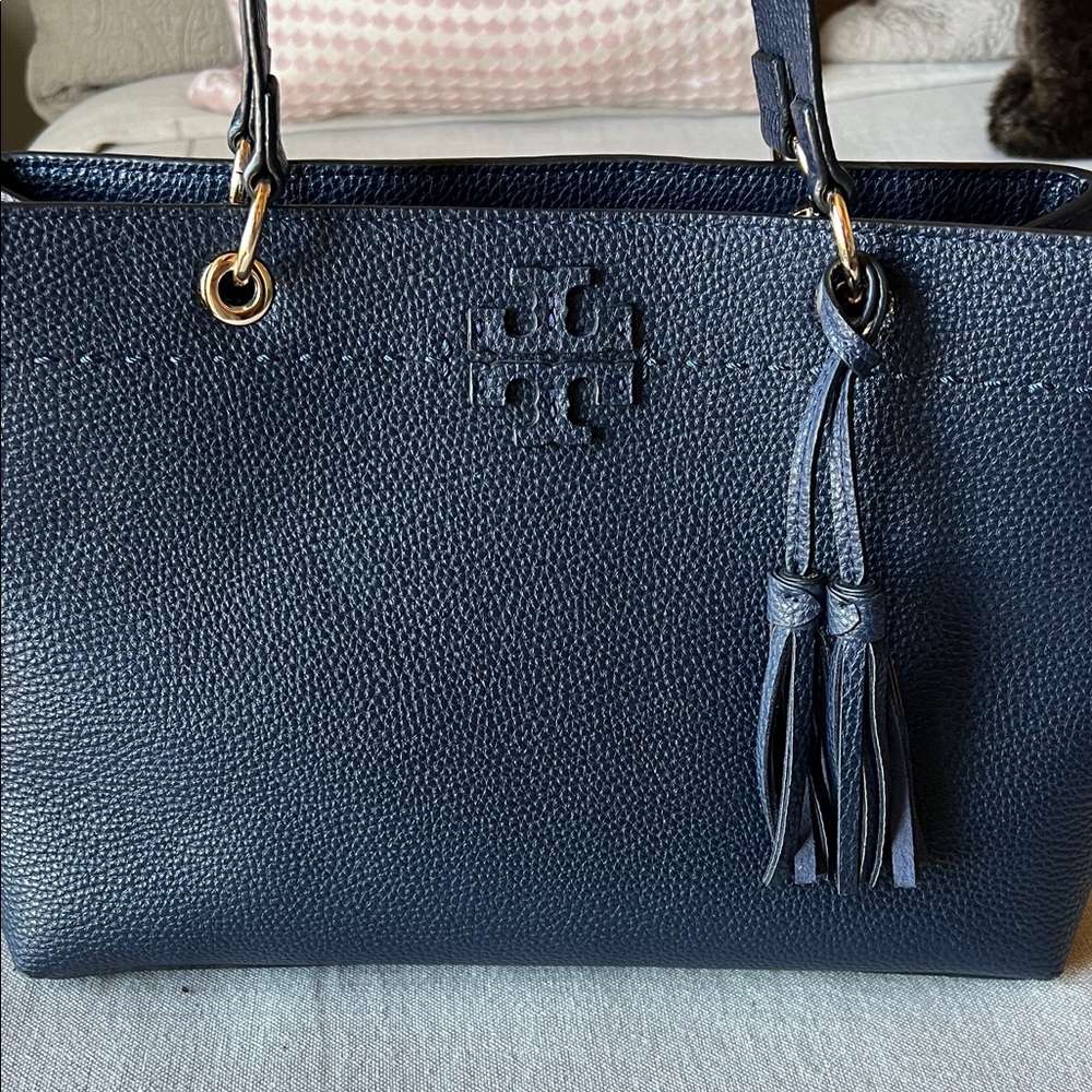 Tory Burch Navy Tote with Tassel and Pouch - Picture 6 of 7